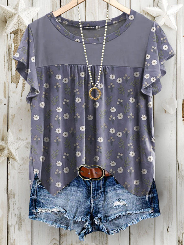 Round Neck Floral Print Bell Sleeve Top