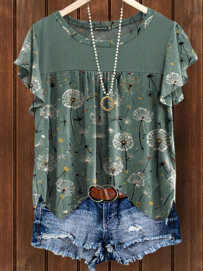 Round Neck Dandelion Print Bell Sleeve Top