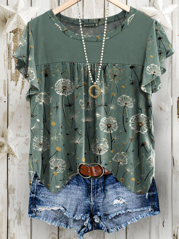 Round Neck Dandelion Print Bell Sleeve Top