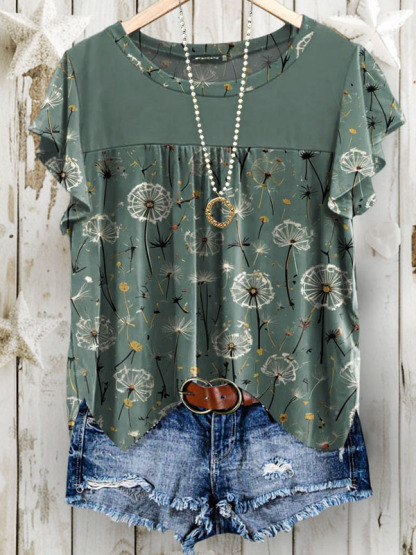 Round Neck Dandelion Print Bell Sleeve Top