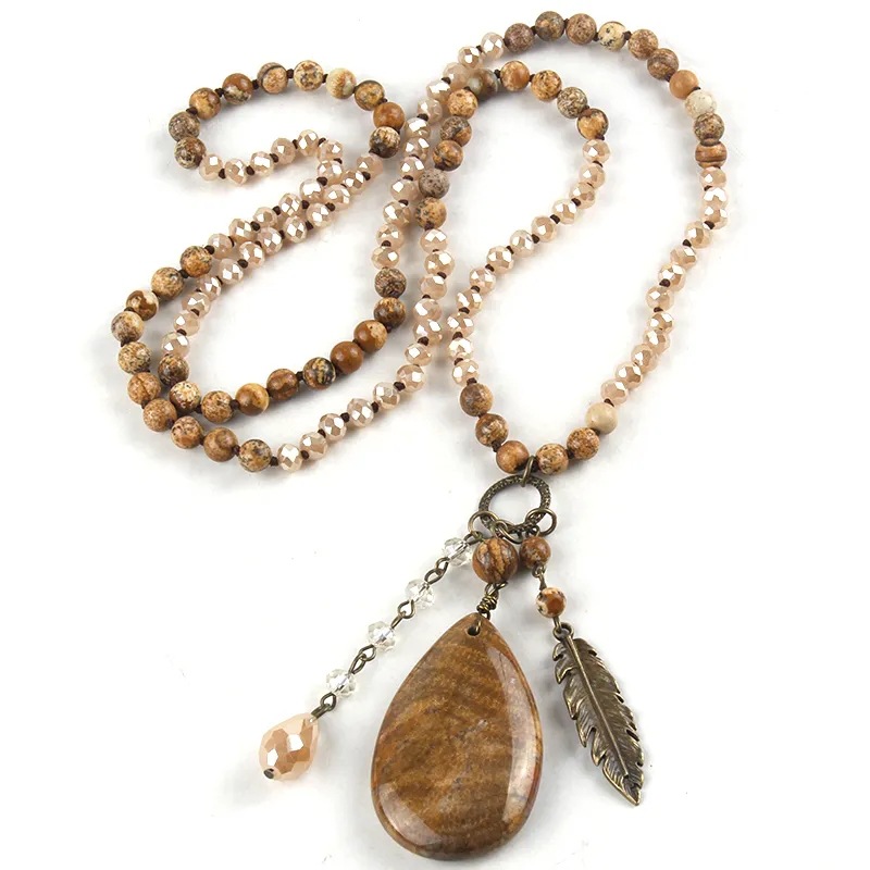 Women's Necklace Natural Stone Water Drop Metal Leaf Pendant