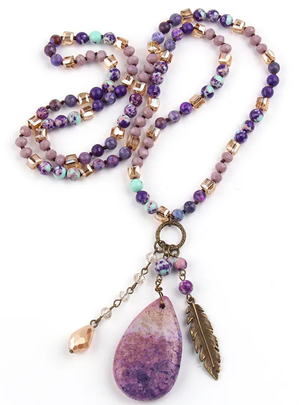 Women's Necklace Natural Stone Water Drop Metal Leaf Pendant