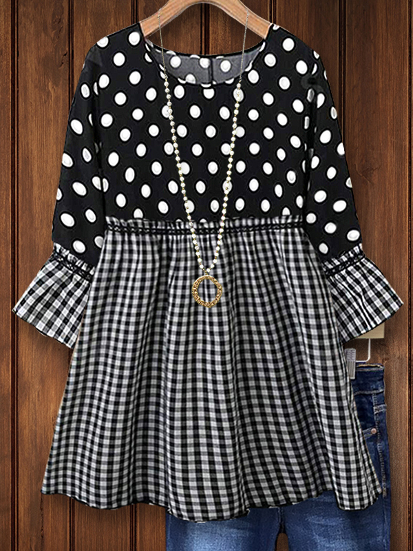Women's top | Polka Dot Print Splice Plaid Flare Sleeve Loose Blouse |Website-shopcharmingrose