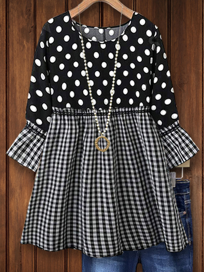 Polka Dot Print Splice Plaid Flare Sleeve Loose Blouse