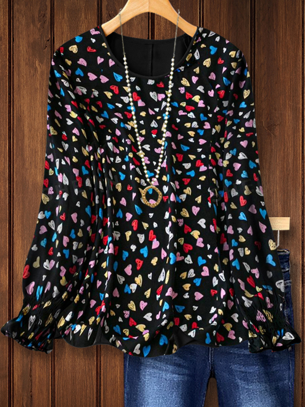 Women's top | Heart Print Long Sleeve Loose Blouse |Website-shopcharmingrose