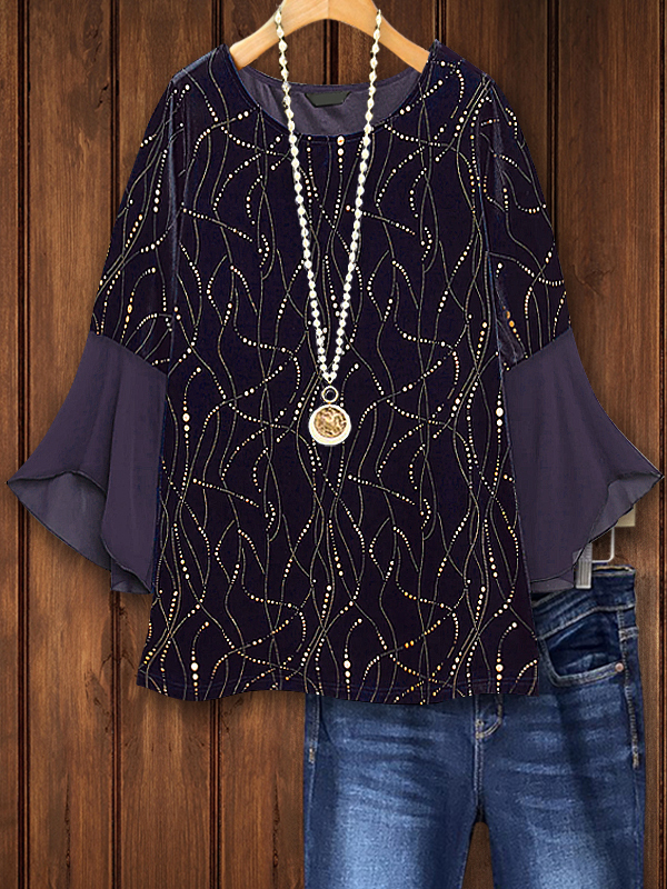 Women's top | Velvet Glitter Mesh Bell Sleeve Patchwork Blouse |Website-shopcharmingrose