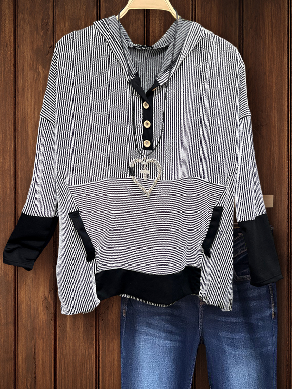 Women's top | Striped Textured Fabric Patchwork Hoodie |Website-shopcharmingrose