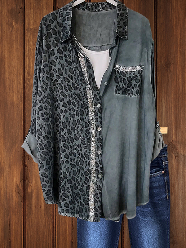 Women's top | Leopard Print Sequined Shirt |Website-shopcharmingrose