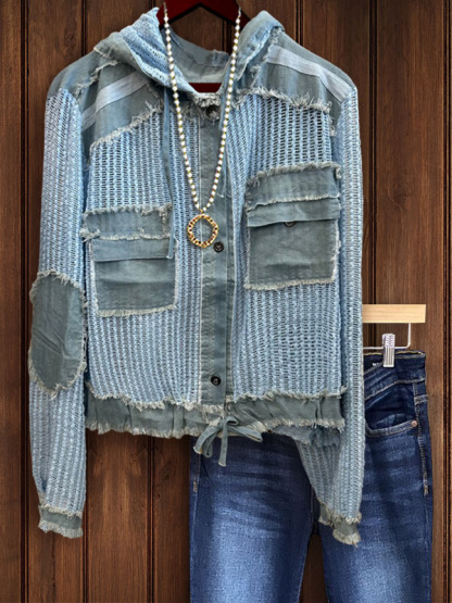 Button Down Crochet Blouse With Denim Patches And Tie Bottom