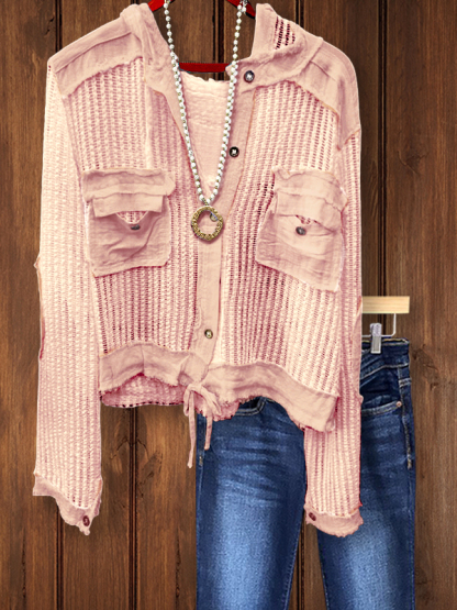 Button Down Crochet Blouse With Denim Patches And Tie Bottom
