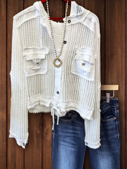 Button Down Crochet Blouse With Denim Patches And Tie Bottom