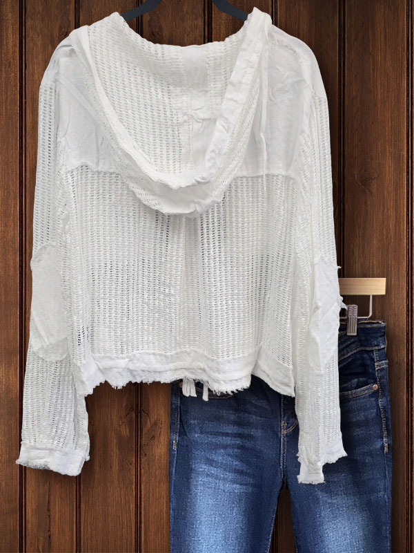 Button Down Crochet Blouse With Denim Patches And Tie Bottom