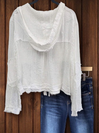 Button Down Crochet Blouse With Denim Patches And Tie Bottom