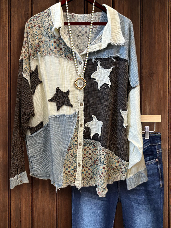 Women's top | Star Applique Floral Print Button-Down Tulle Shirt |Website-shopcharmingrose