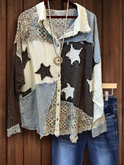 Star Applique Floral Print Button-Down Tulle Shirt
