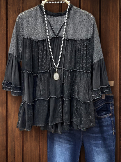 Grey Lace And Printed Fabric Bell Sleeve Top