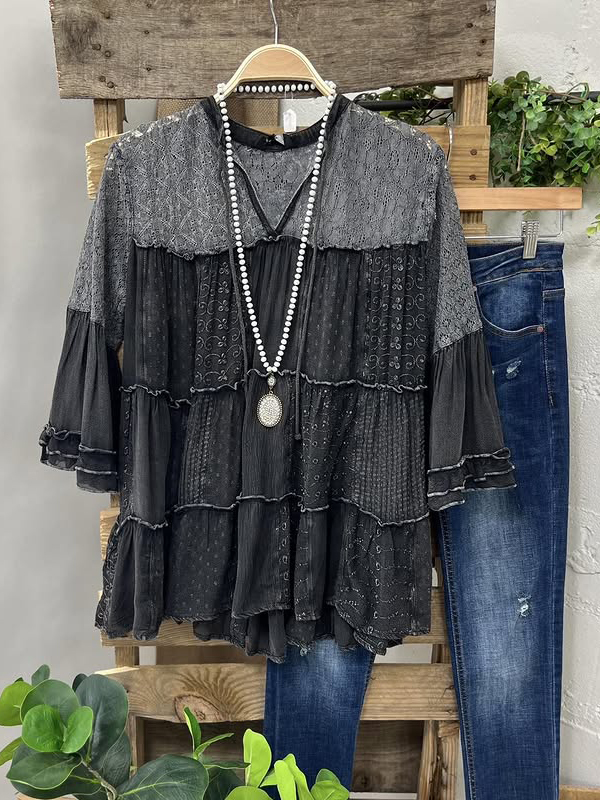 Grey Lace And Printed Fabric Bell Sleeve Top