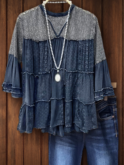 Grey Lace And Printed Fabric Bell Sleeve Top