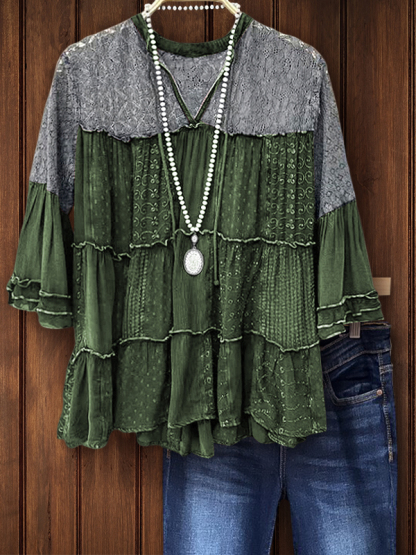 Grey Lace And Printed Fabric Bell Sleeve Top