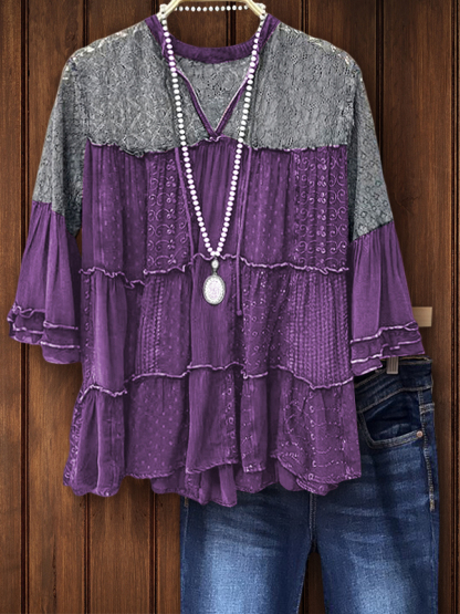 Grey Lace And Printed Fabric Bell Sleeve Top