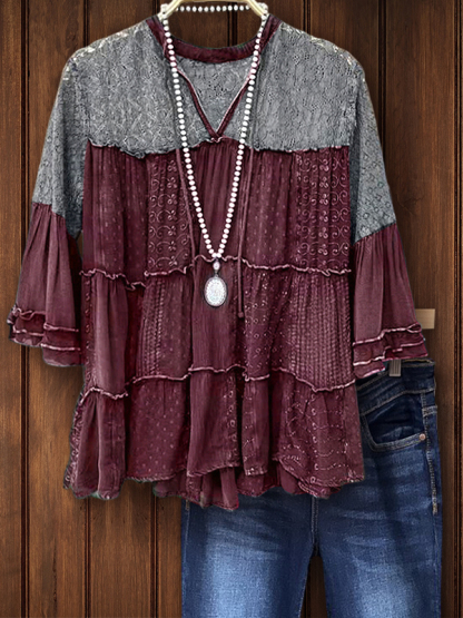 Grey Lace And Printed Fabric Bell Sleeve Top