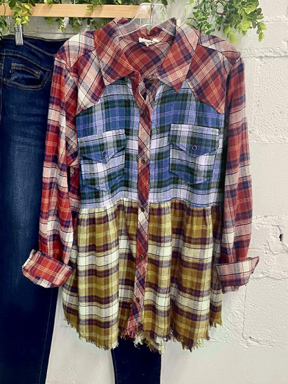 Tricolor Check Pleated Shirt