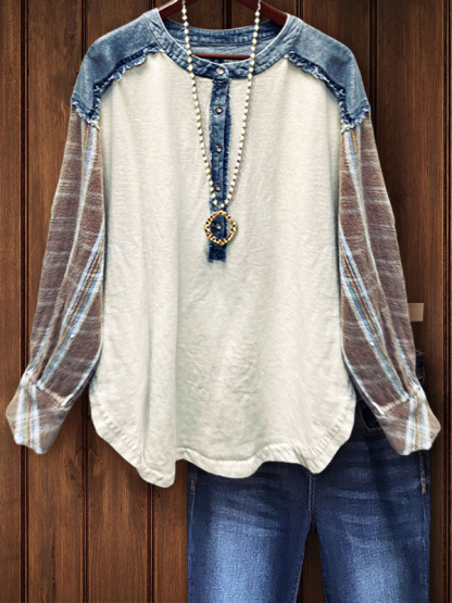 Casual Denim Patchwork Plaid Top