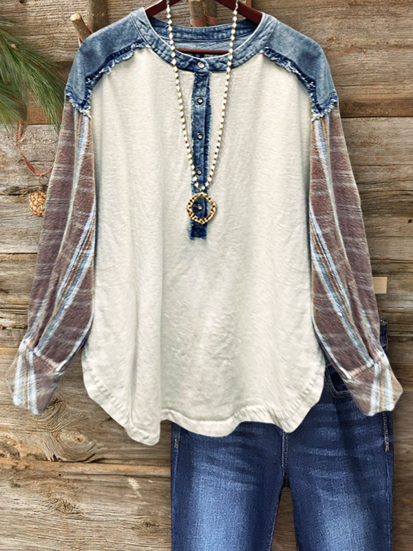 Casual Denim Patchwork Plaid Top