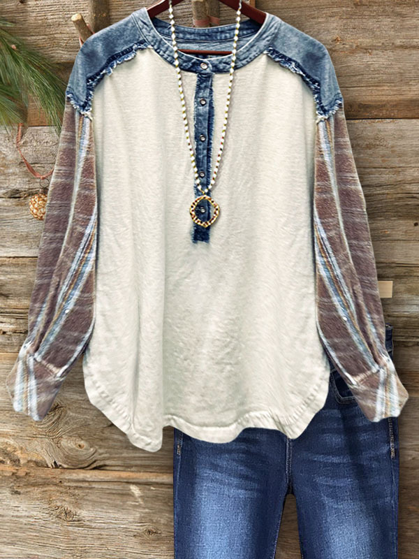 Casual Denim Patchwork Plaid Top