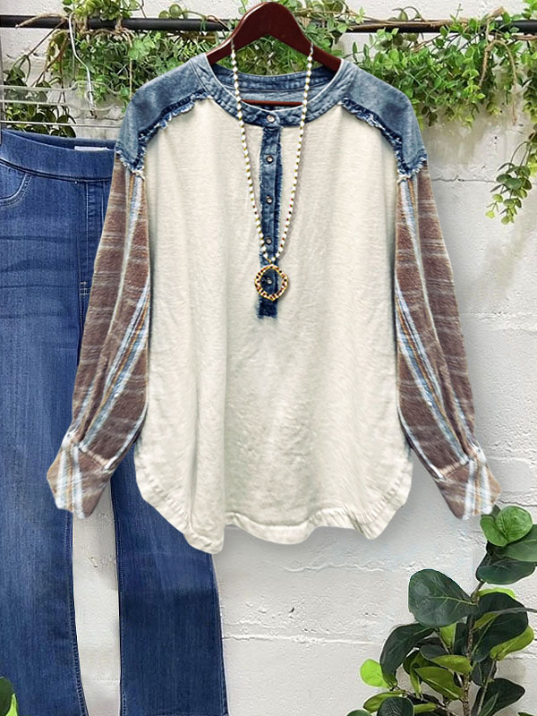 Casual Denim Patchwork Plaid Top