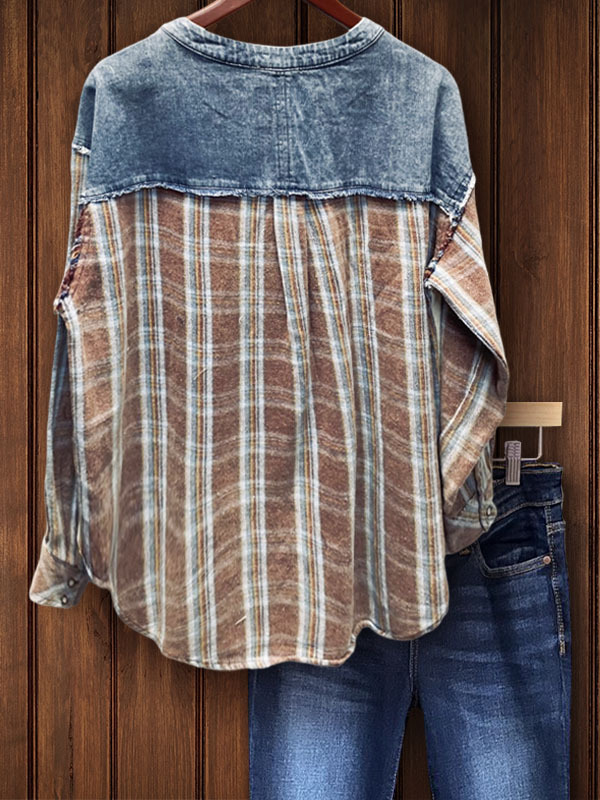 Casual Denim Patchwork Plaid Top