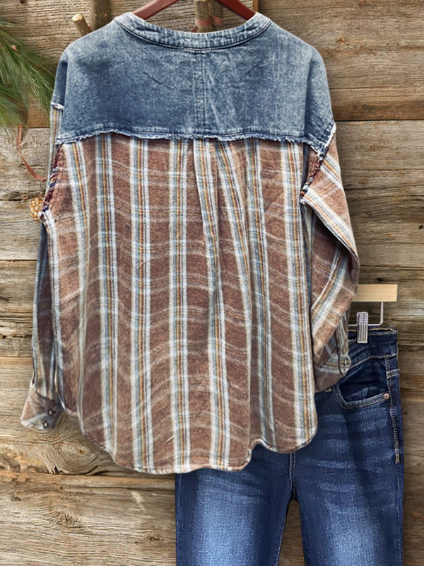 Casual Denim Patchwork Plaid Top