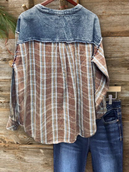 Casual Denim Patchwork Plaid Top