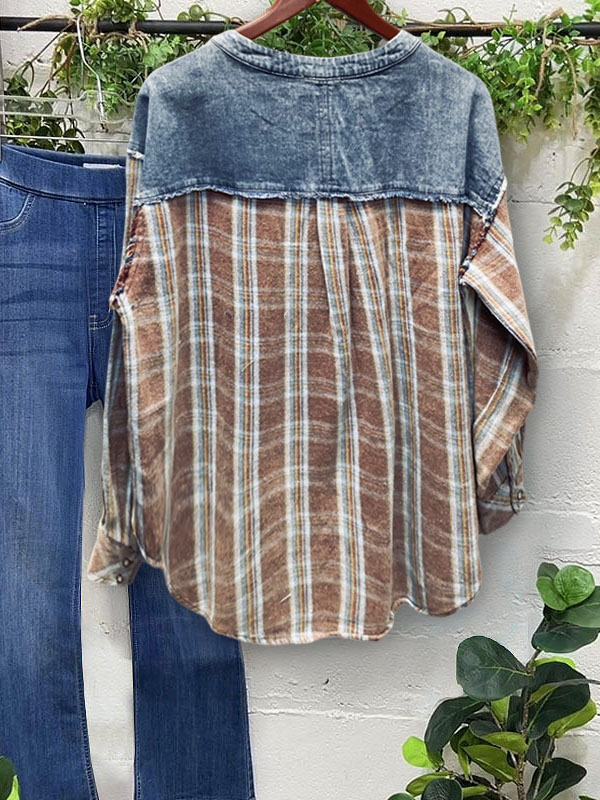Casual Denim Patchwork Plaid Top
