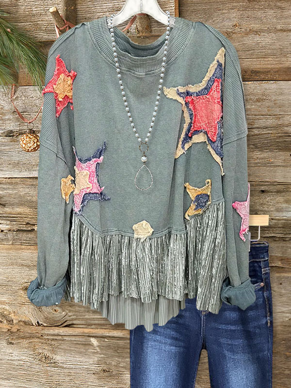 Retro Star Patch Embroidery Sweatshirt