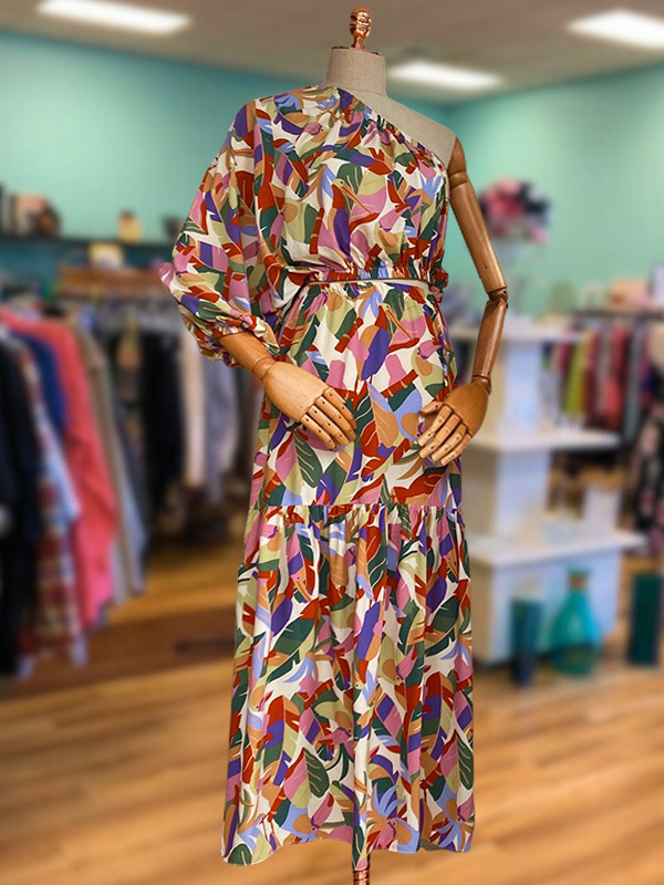 Abstract Print One Shoulder Dress