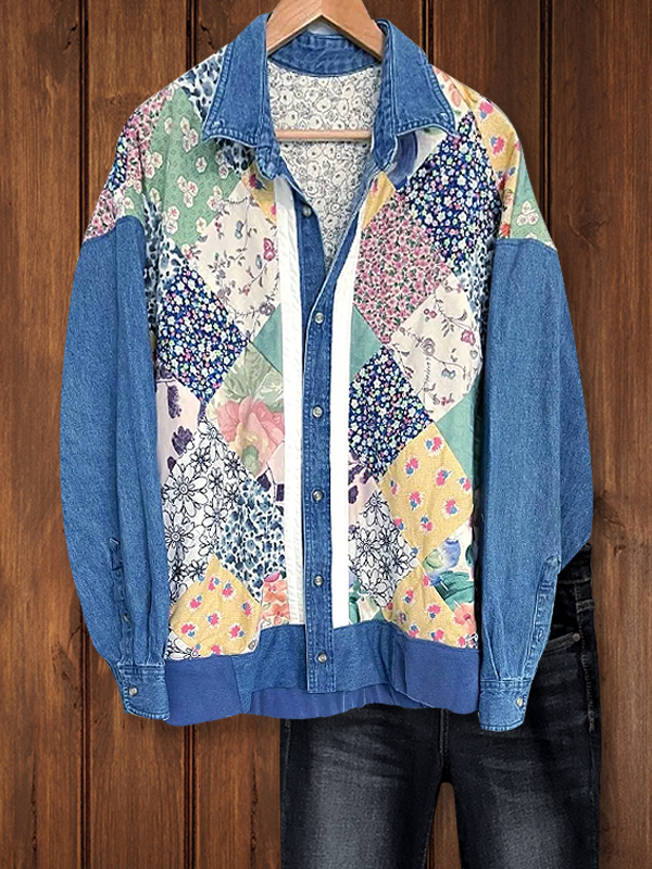 Pastoral Style Floral Patchwork Denim Jacket