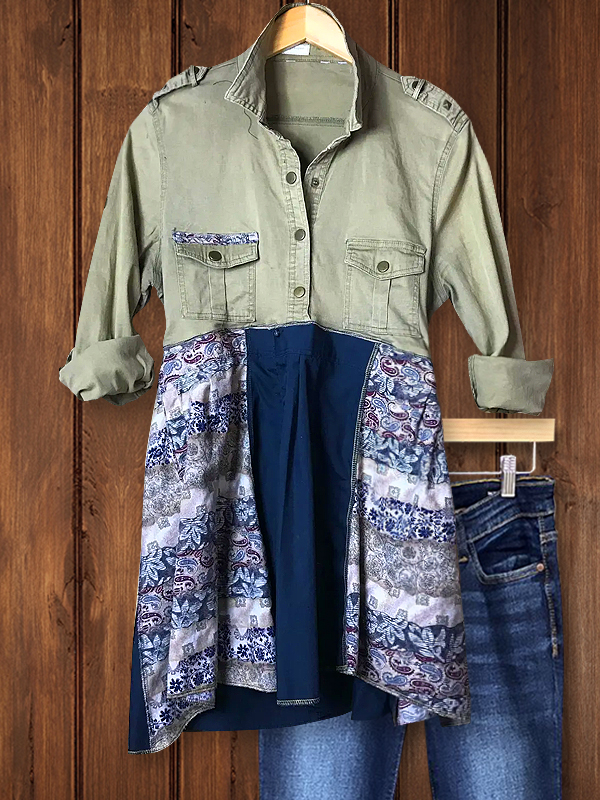 Vintage Print Patchwork Military Collar Dress