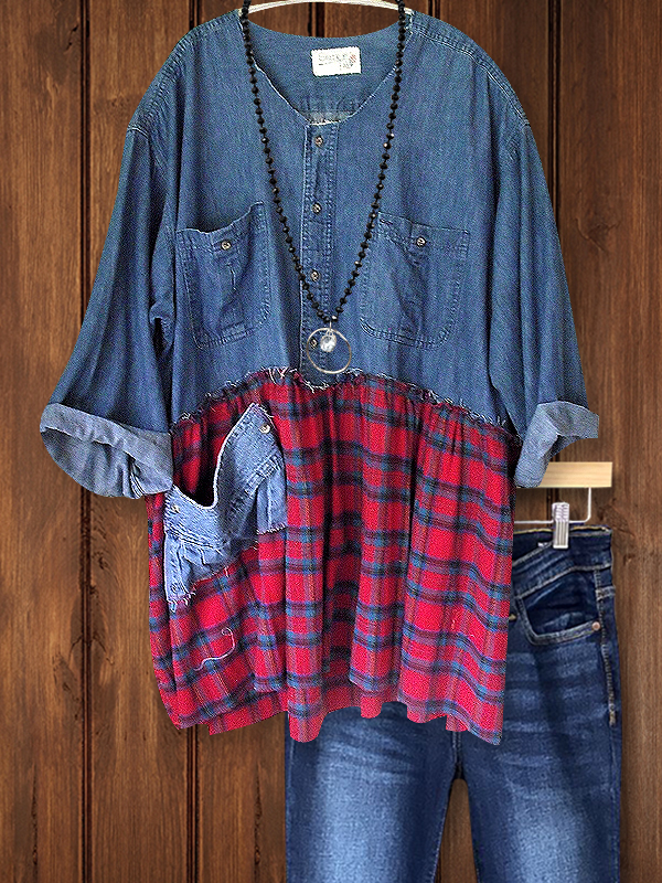 Casual Denim Patchwork Plaid Top