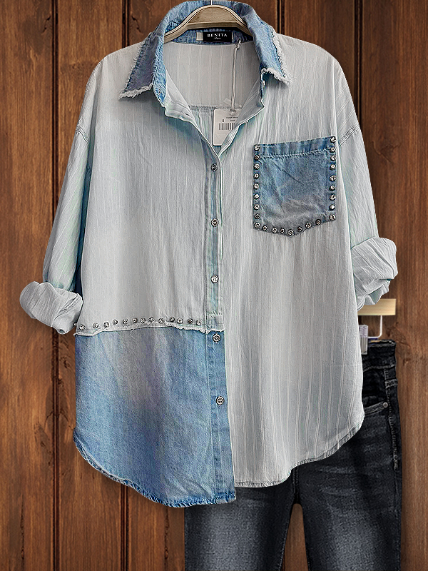 Vintage Rivet Two-Tone Denim Patchwork Shirt