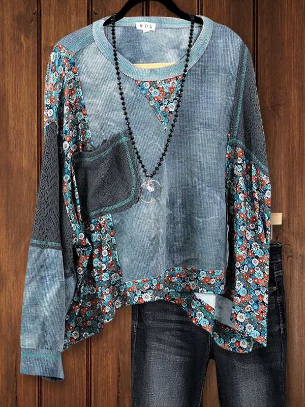 Faux Denim Floral Patchwork Top