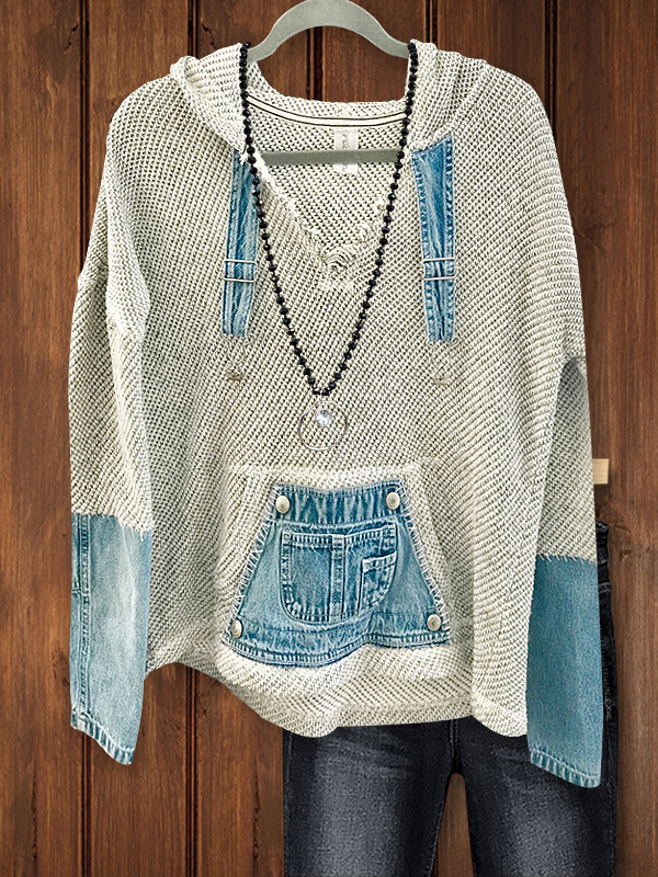 Casual Denim Patchwork Knitted Hoodie