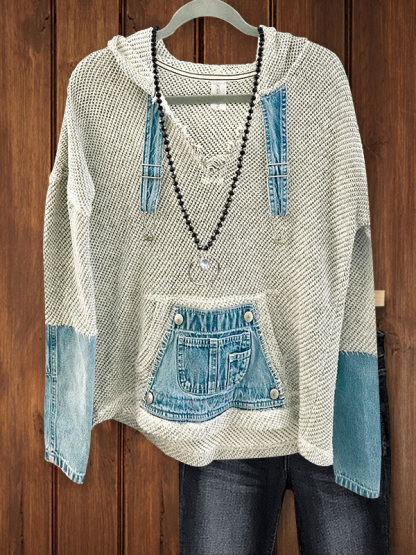 Casual Denim Patchwork Knitted Hoodie