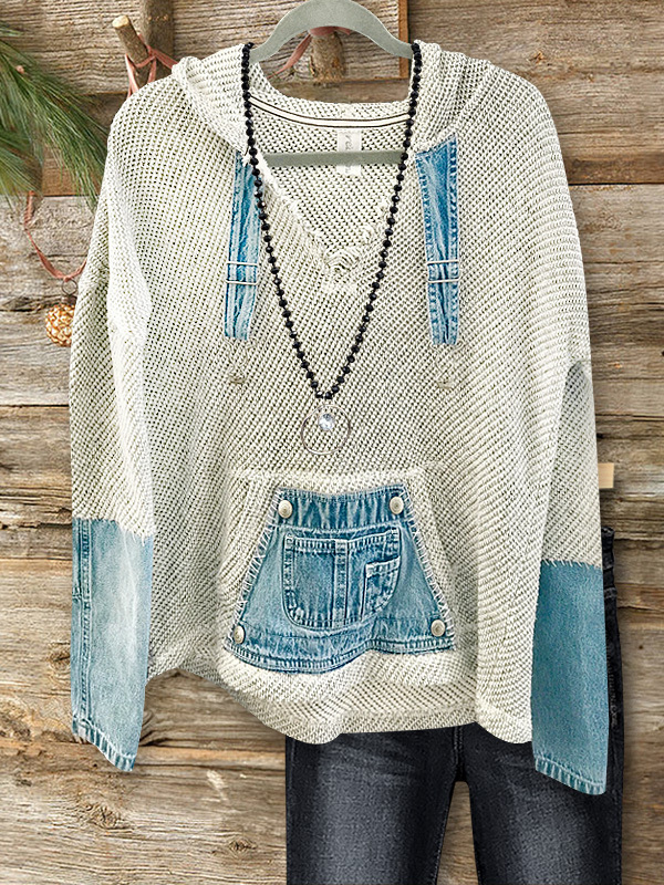 Casual Denim Patchwork Knitted Hoodie
