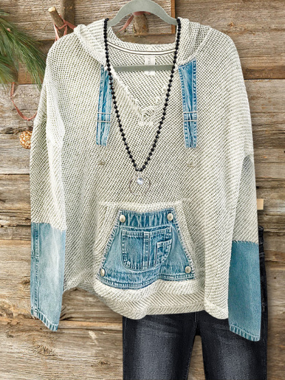 Casual Denim Patchwork Knitted Hoodie