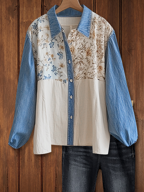Upcycled Lantern Sleeve Printed Paneled Denim Shirt