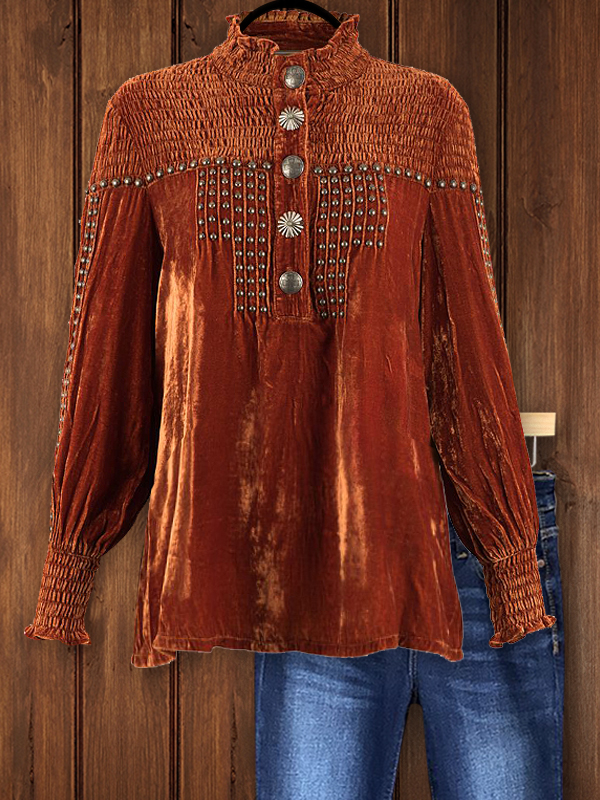 Vintage Studded Velvet Elastic Shoulder Top