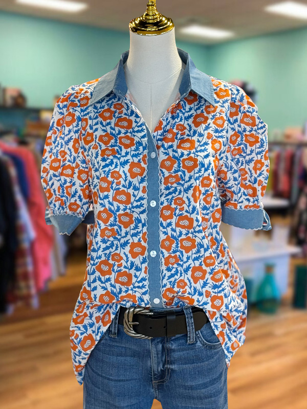 Retro Floral Patchwork Denim Short Sleeves