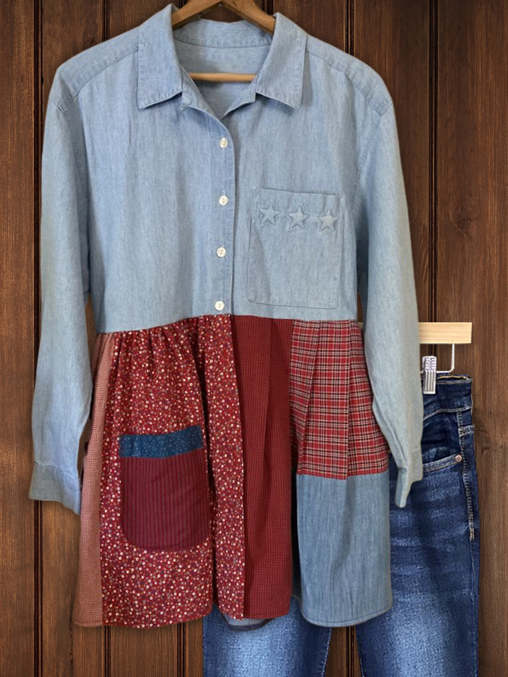 Casual Floral Patchwork Denim Shirt
