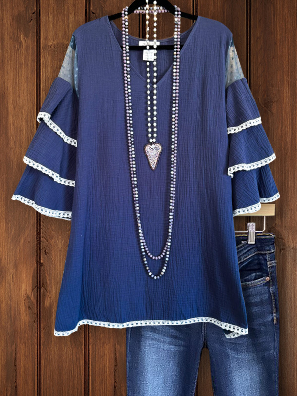 Vintage Ruffle Lace Sleeve Patchwork Top